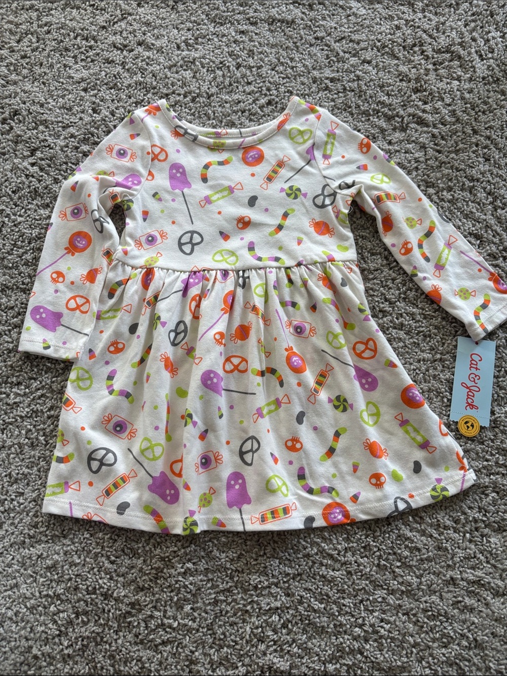 New! Cat & Jack White Candy-Print Long Sleeve Kids Dress